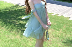 Spaghetti Strap Plain Ruched Mini A-Line Dress