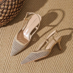 Kitten Heel Pointed Toe Mesh Slingback Sandals