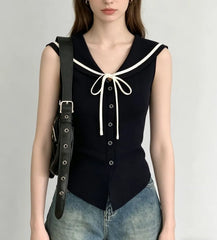 Sleeveless Sailor Collar Tie Neck Button-Up Slim-Fit Knit Top