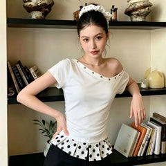 Short Sleeve Cold Shoulder Polka Dot Paneled Slim-Fit T-Shirt