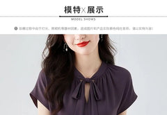 Short-Sleeve Tie-Neck Plain Blouse