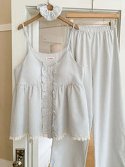 Couple Matching Striped Ruffle Pajama Camisole Top / Straight Leg Pants / Short Sleeve Collared Shirt / Shorts / Set