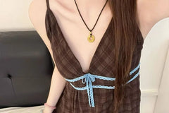 Spaghetti Strap V-Neck Plaid Padded Nightdress / Tie Shoulder Camisole Top / Straight Leg Pants / Set