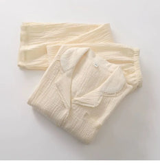 Pajama Set: Long-Sleeve Lapel Collar Lace Trim Button-Up Top + Pants