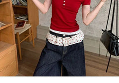 Mock Two-Piece Short-Sleeve Two-Tone Lace Trim Henley T-Shirt