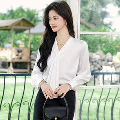 Long Sleeve V-Neck Plain Satin Blouse / High Waist Plain Midi Pencil Skirt / Pleated Midi A-Line Skirt