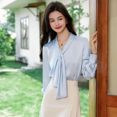 Long Sleeve V-Neck Plain Satin Blouse / High Waist Plain Midi Pencil Skirt / Pleated Midi A-Line Skirt
