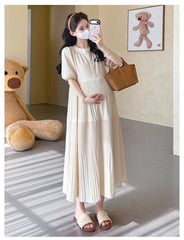 Maternity Short-Sleeve Crewneck Pleated Maxi A-Line Dress