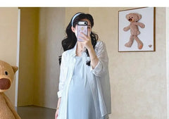 Maternity Long-Sleeve Plain Shirt / Sleeveless Maxi A-Line Dress / Set