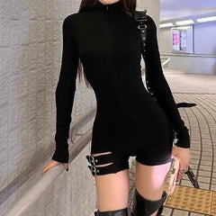 Long-Sleeve Mock Neck Plain Cutout Buckled Romper