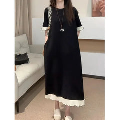 Short Sleeve Round Neck Two Tone Ruffle Midi A-Line Dress
