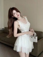 Spaghetti Strap V-Neck Plain Lace Ruffle Trim Mini A-Line Dress