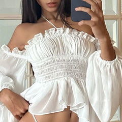 Long Sleeve Cold Shoulder Plain Ruffle High-Low Blouse