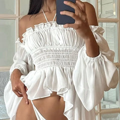 Long Sleeve Cold Shoulder Plain Ruffle High-Low Blouse