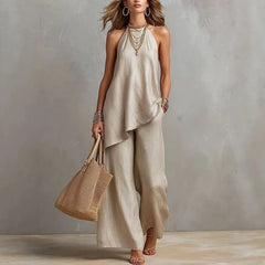 Set: Plain Asymmetrical Camisole Top + High Waist Wide Leg Pants