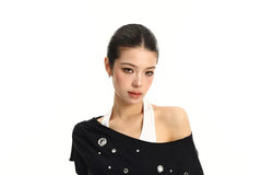 Mock Two-Piece Short-Sleeve Halter Neck Off-Shoulder Two Tone Grommet Crop T-Shirt