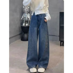 Mid Rise Washed Rhinestone Barrel Leg Jeans