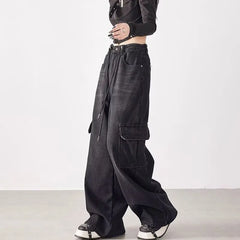 Mid Rise Washed Baggy Cargo Jeans