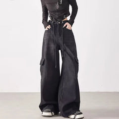 Mid Rise Washed Baggy Cargo Jeans