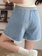 Maternity Low Rise Lace Trim Denim Wide Leg Shorts