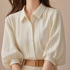 3/4-Sleeve Collared Striped Button-Up Blouse