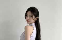 Sleeveless V-Neck Striped Button-Up Shirt / High Rise Mini Pencil Skirt