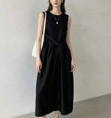 Sleeveless Round Neck Plain Tie-Waist Midi Dress