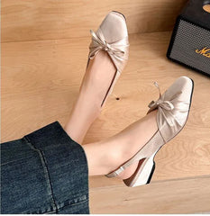 Square Toe Bow Satin Slingback Wedge Pumps