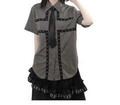 Collared Striped Studded Panel Shirt / Elastic Waist Plain Hook And Eye Ruffle A-Line Skirt / Necktie (Various Designs)