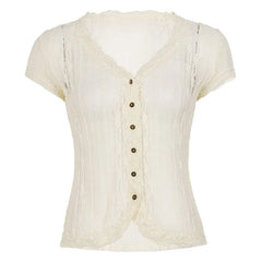 Cap Sleeve V-Neck Lace See-Through Slim-Fit Blouse