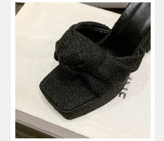 Platform Knotted Tweed Block Heel Slide Sandals
