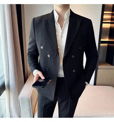 Peak Lapel Plain Double Breasted Blazer / Mid Rise Cropped Tapered Dress Pants / Set