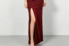 Spaghetti Strap Side-Slit Lace-Up Back Glitter Bodycon Midi Dress