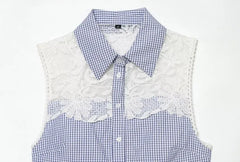Sleeveless Lace Panel Gingham Check Shirt