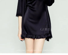 Spaghetti Strap Plain Ruffle Satin Nightdress / 3/4 Sleeve Robe