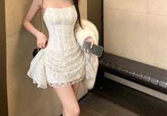 Strapless Fishbone Ruffled Mini Lace Bodycon Dress