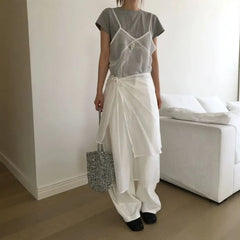 Set: Spaghetti Strap V-Neck Plain Mesh Midi A-Line Dress + Wrap Skirt
