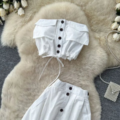 Set: Plain Flap Pocket Drawstring Button Padded Cropped Tube Top + High Waist Slit Midi A-Line Skirt