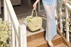 Set: Halter Plain Lace Bikini Top + Ruched Maxi Pencil Skirt