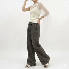 Sheer Scarf Detail Ruched Knit Crop Tank Top
