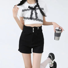 High Waist Washed Denim Hot Pants