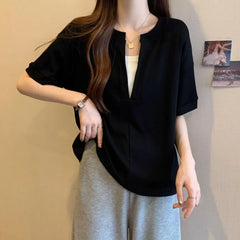 Mock Two-Piece Elbow-Sleeve Notch Neck Two Tone T-Shirt