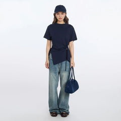 Short Sleeve Crew Neck Plain Drawstring Slim-Fit T-Shirt