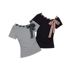 Short Sleeve Asymmetric Neckline Tie Front Slim-Fit T-Shirt