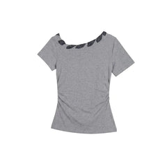 Short Sleeve Asymmetric Neckline Tie Front Slim-Fit T-Shirt