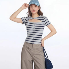 Short Sleeve Crew Neck Striped Cut-Out Twisted Button Front Slim-Fit T-Shirt