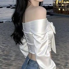 Long-Sleeve Off Shoulder Plain Bow Detail Crop Blouse