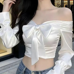 Long-Sleeve Off Shoulder Plain Bow Detail Crop Blouse
