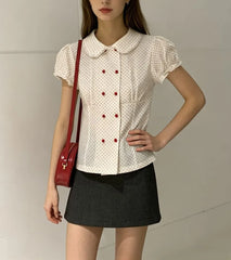 Puff Sleeve Doll Collar Polka Dot Slim-Fit Blouse