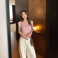 Cap-Sleeve Off-Shoulder Lace Panel Slim Fit Crop T-Shirt